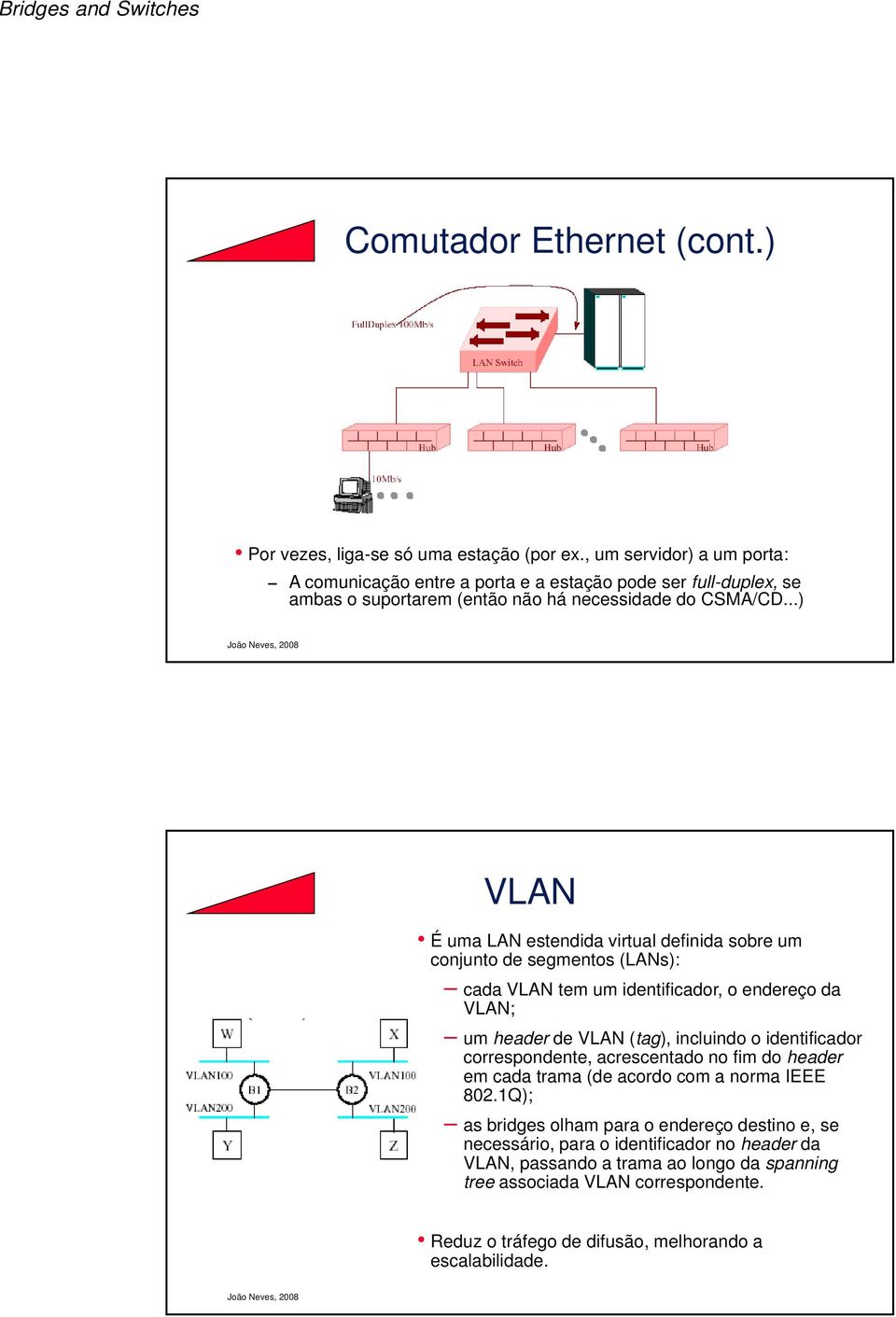 ..) VLAN É uma LAN estendida virtual definida sobre um conjunto de segmentos (LANs): cada VLAN tem um identificador, o endereço da VLAN; um header de VLAN (tag), incluindo o