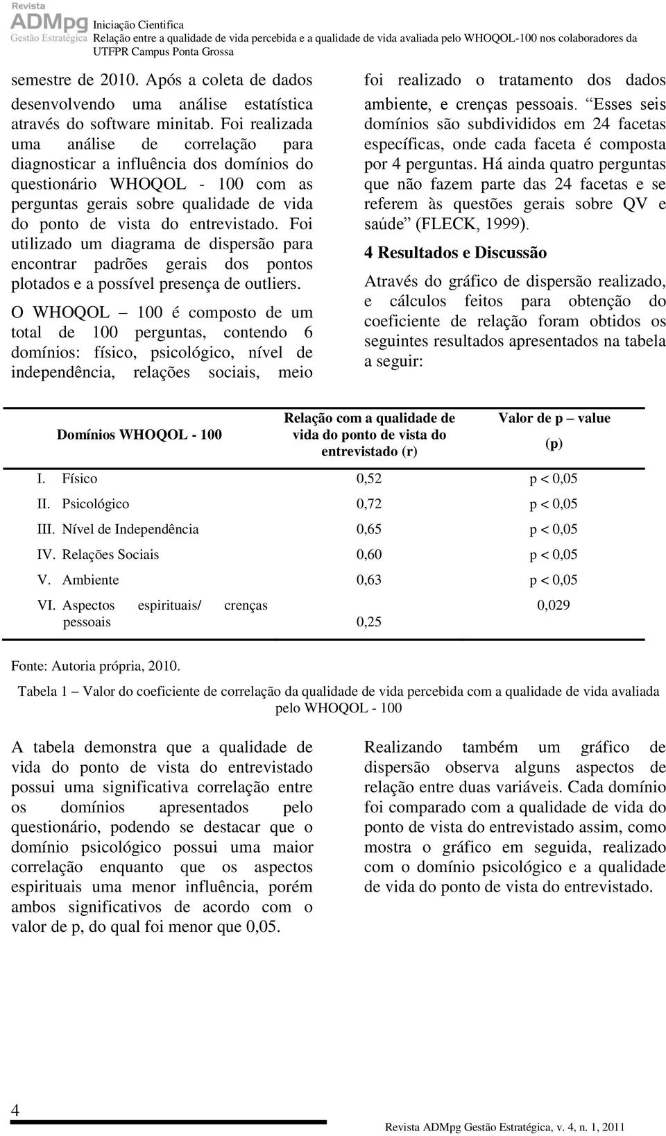 Foi realizada uma análise de correlação para diagnosticar a influência dos domínios do questionário WHOQOL - 100 com as perguntas gerais sobre qualidade de vida do ponto de vista do entrevistado.