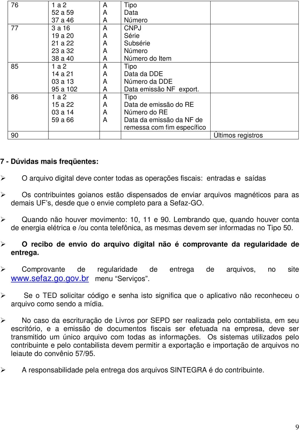 Tipo Data de emissão do RE Número do RE Data da emissão da NF de remessa com fim específico 90 Últimos registros 7 - Dúvidas mais freqüentes: O arquivo digital deve conter todas as operações fiscais: