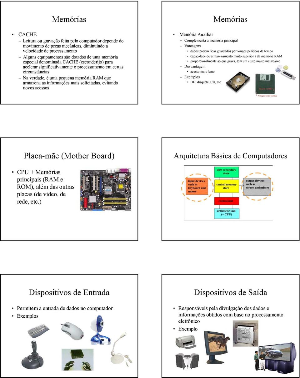 novos acessos Memórias Memória Auxiliar Complementa a memória principal Vantagens dados podem ficar guardados por longos períodos de tempo capacidade de armazenamento muito superior à da memória RAM