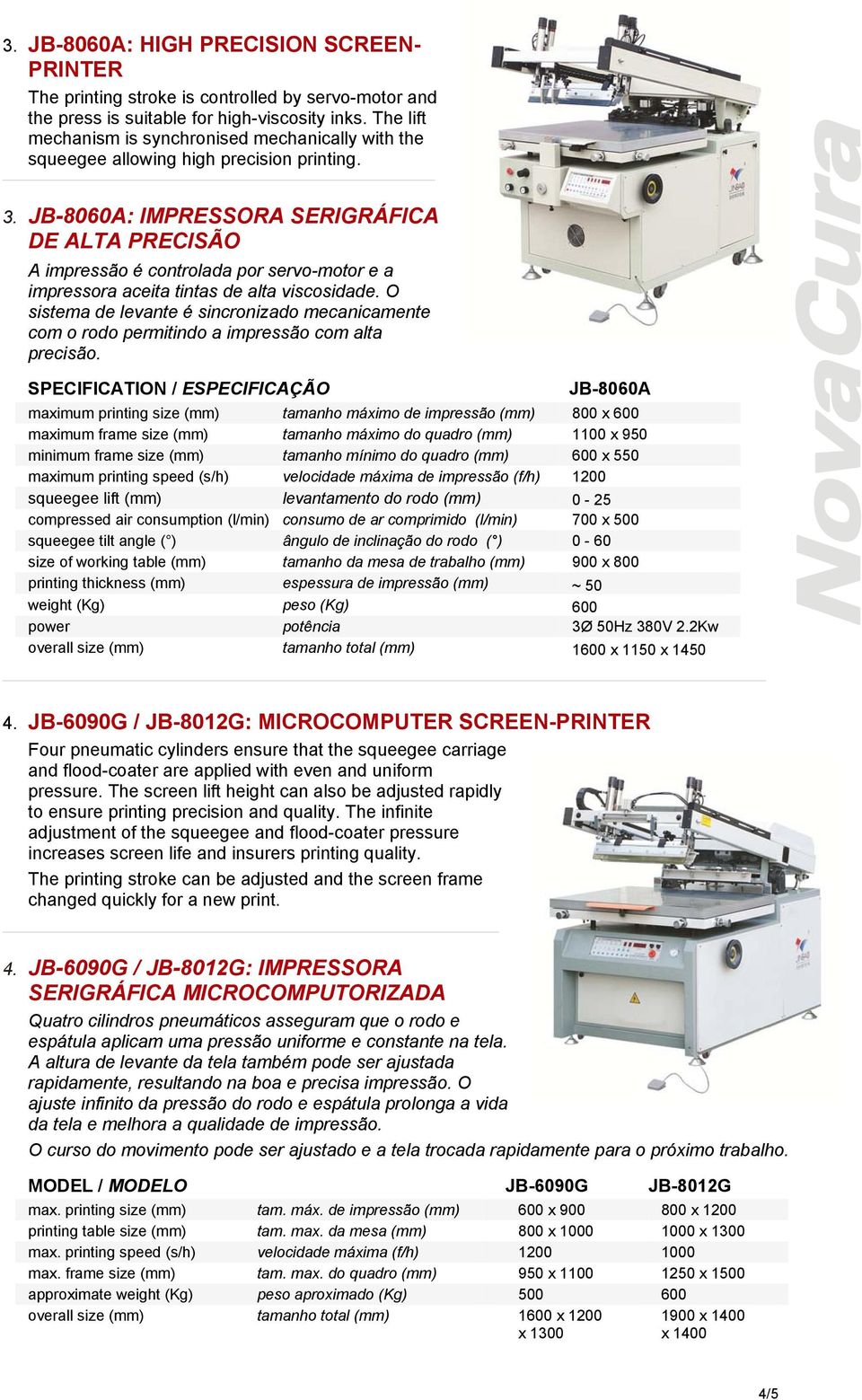 JB-8060A: IMPRESSORA SERIGRÁFICA DE ALTA PRECISÃO A impressão é controlada por servo-motor e a impressora aceita tintas de alta viscosidade.