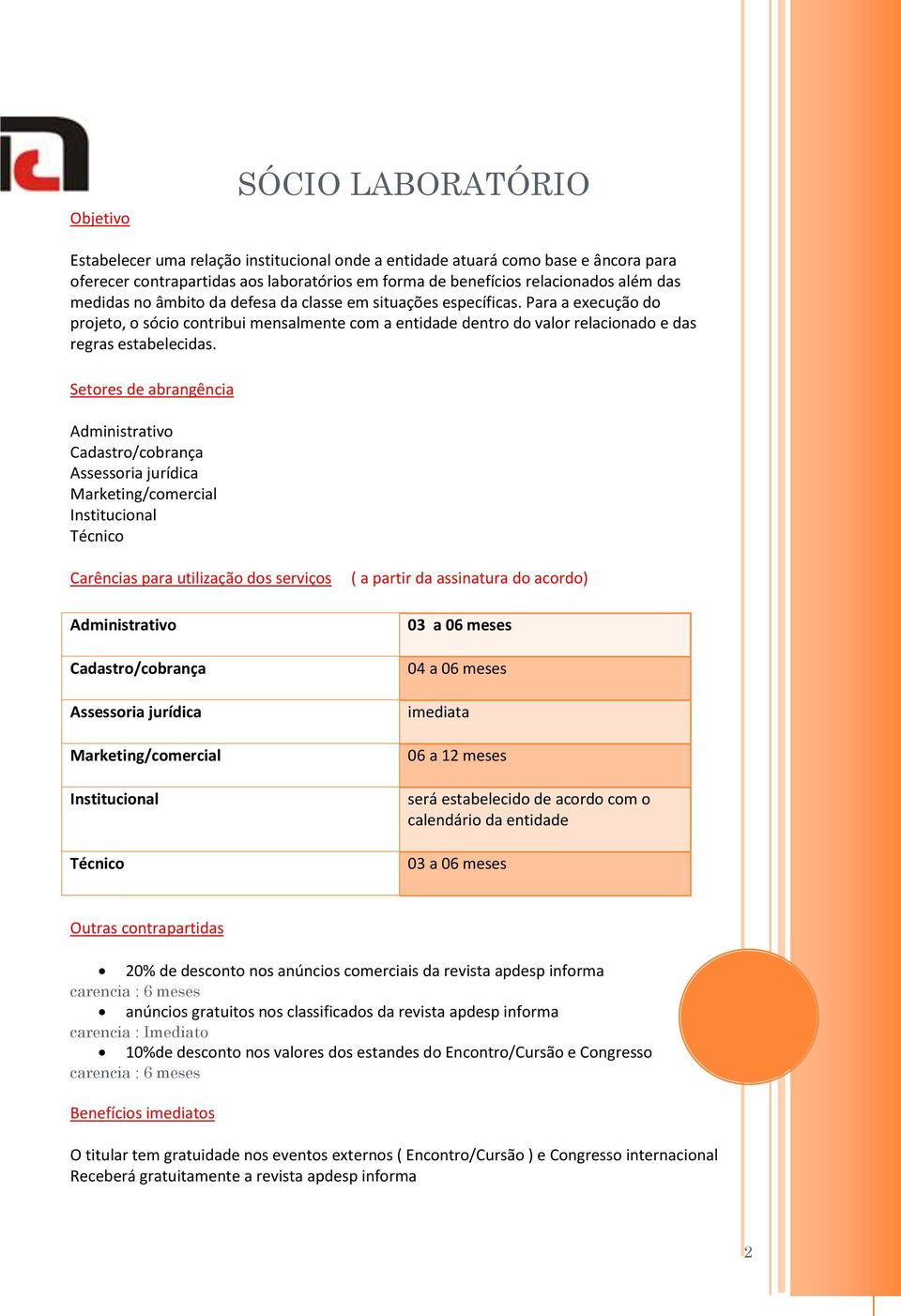 Setores de abrangência Administrativo Cadastro/cobrança Assessoria jurídica Marketing/comercial Institucional Técnico Carências para utilização dos serviços Administrativo Cadastro/cobrança