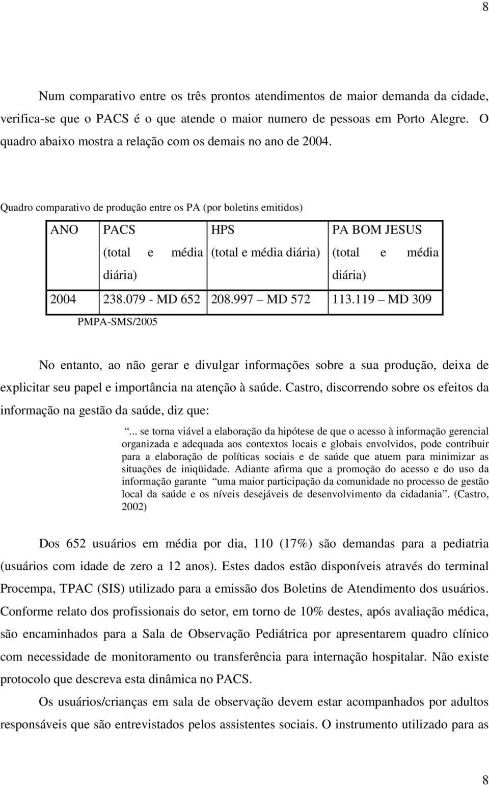 Quadro comparativo de produção entre os PA (por boletins emitidos) ANO PACS HPS PA BOM JESUS (total e média (total e média diária) (total e média diária) diária) 2004 238.079 - MD 652 208.