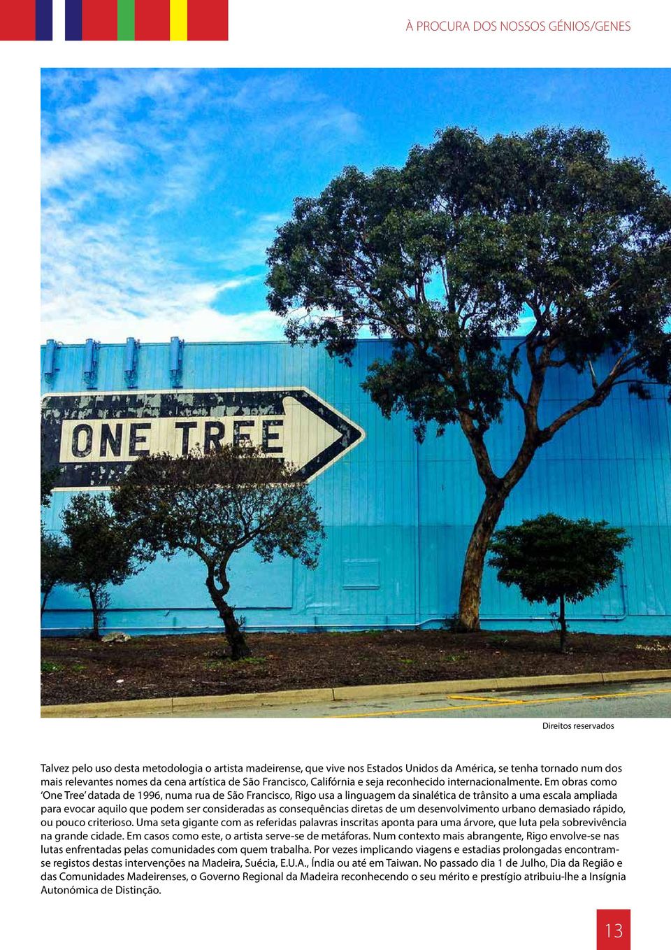 Em obras como One Tree datada de 1996, numa rua de São Francisco, Rigo usa a linguagem da sinalética de trânsito a uma escala ampliada para evocar aquilo que podem ser consideradas as consequências