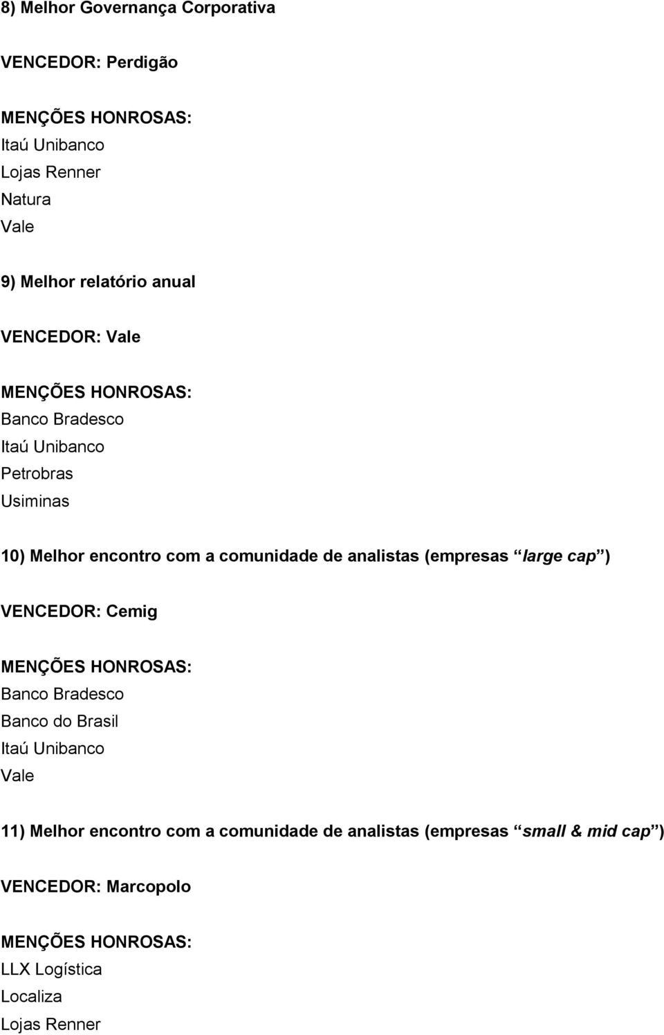 analistas (empresas large cap ) VENCEDOR: Cemig Banco Bradesco Banco do Brasil Itaú Unibanco Vale 11) Melhor