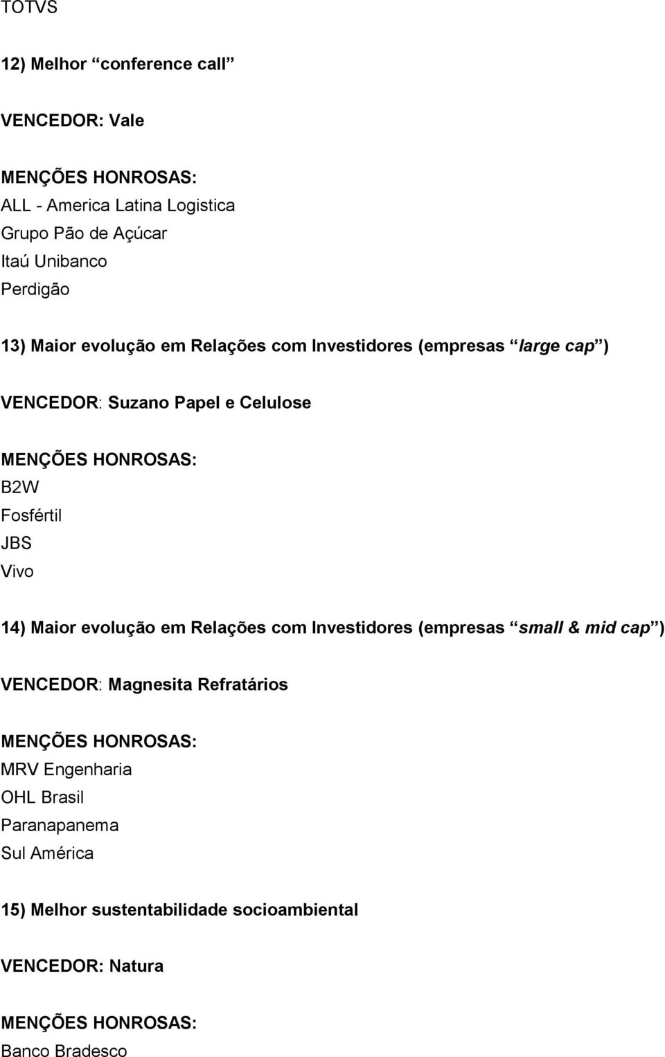 Fosfértil JBS Vivo 14) Maior evolução em Relações com Investidores (empresas small & mid cap ) VENCEDOR: Magnesita