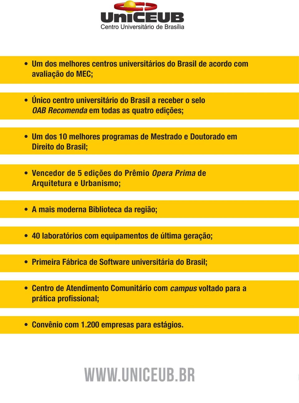 Arquitetura e Urbanismo; A mais moderna Biblioteca da região; 40 laboratórios com equipamentos de última geração; Primeira Fábrica de Software