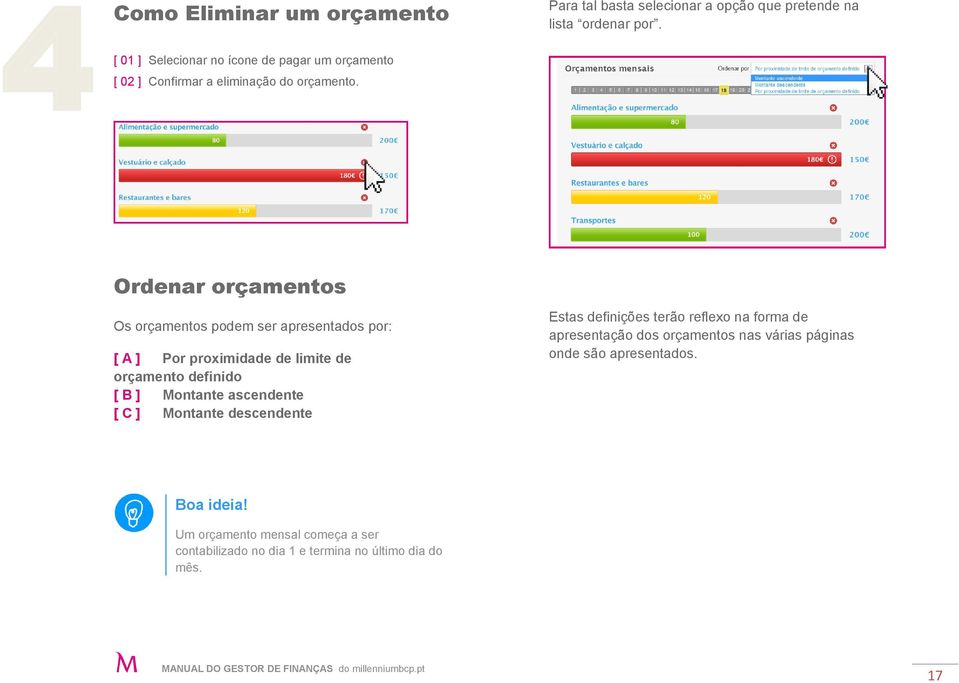 Ordenar orçamentos Os orçamentos podem ser apresentados por: [ A ] Por proximidade de limite de orçamento definido [ B ] Montante ascendente [