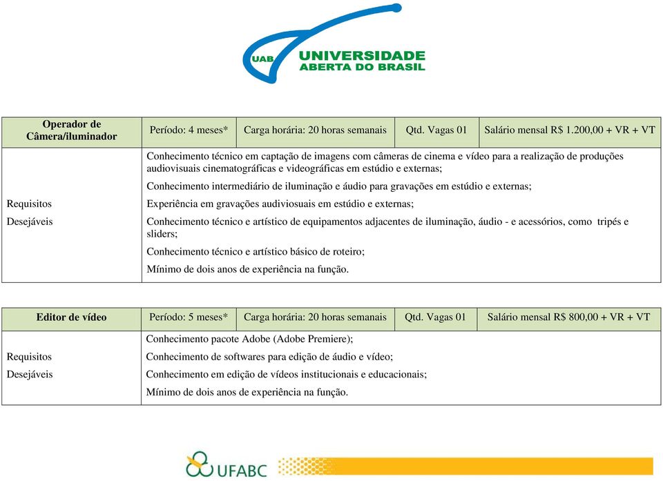 Conhecimento intermediário de iluminação e áudio para gravações em estúdio e externas; Experiência em gravações audiviosuais em estúdio e externas; Conhecimento técnico e artístico de equipamentos