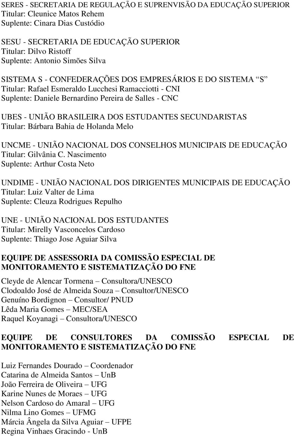 BRASILEIRA DOS ESTUDANTES SECUNDARISTAS Titular: Bárbara Bahia de Holanda Melo UNCME - UNIÃO NACIONAL DOS CONSELHOS MUNICIPAIS DE EDUCAÇÃO Titular: Gilvânia C.