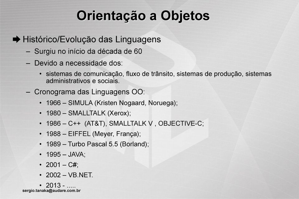 Cronograma das Linguagens OO: 1966 SIMULA (Kristen Nogaard, Noruega); 1980 SMALLTALK (Xerox); 1986 C++ (AT&T),