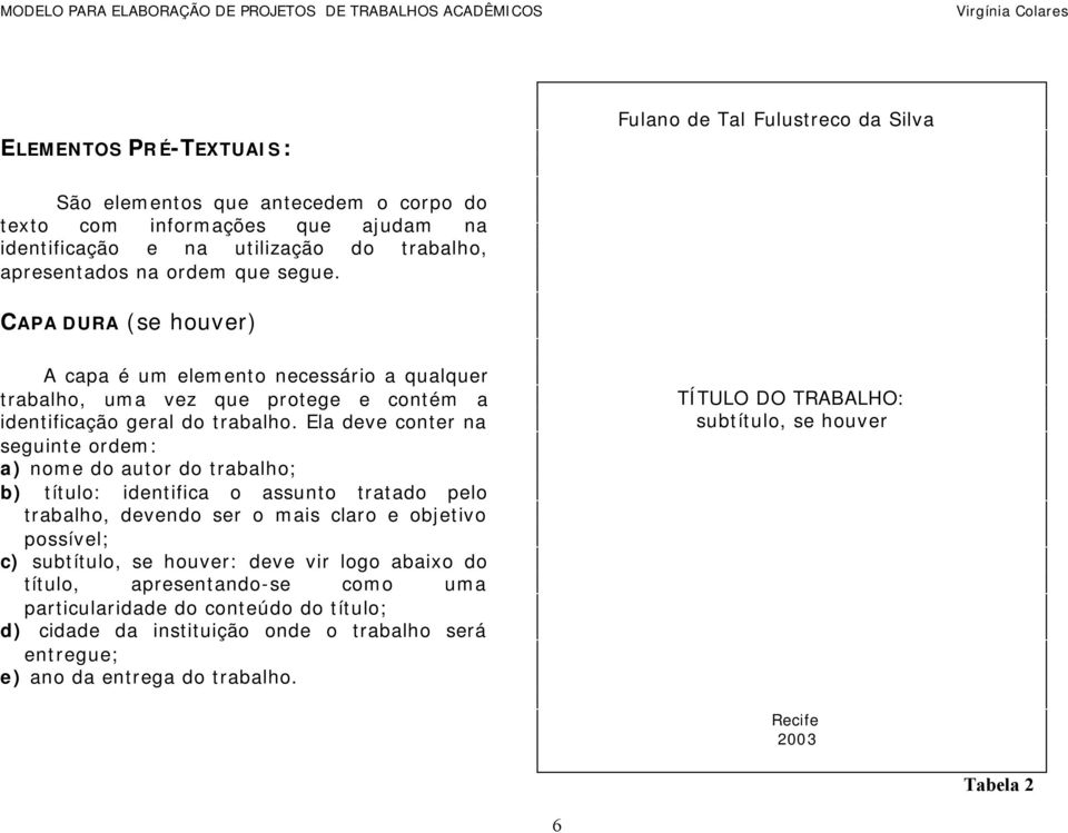 Ela deve conter na seguinte ordem: a) nome do autor do trabalho; b) título: identifica o assunto tratado pelo trabalho, devendo ser o mais claro e objetivo possível; c) subtítulo, se houver: deve