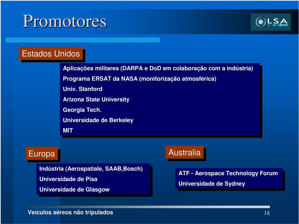 Tech. Universidade Universidade de de Berkeley Berkeley MIT MIT Europa Indústria Indústria (Aerospatiale, (Aerospatiale, SAAB,Bosch) SAAB,Bosch) Universidade Universidade de de