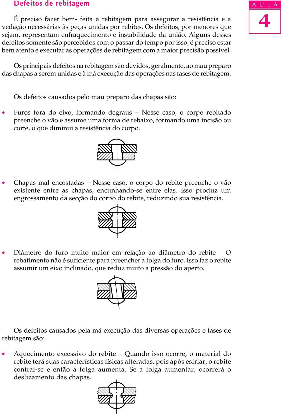 Alguns desses defeitos somente são percebidos com o passar do tempo por isso, é preciso estar bem atento e executar as operações de rebitagem com a maior precisão possível.