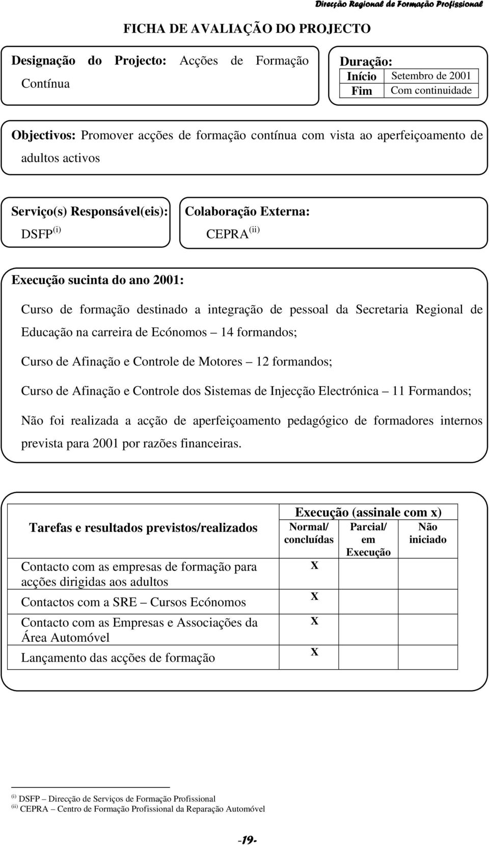 de Afinação e Controle dos Sistemas de Injecção Electrónica 11 Formandos; Não foi realizada a acção de aperfeiçoamento pedagógico de formadores internos prevista para 2001 por razões financeiras.