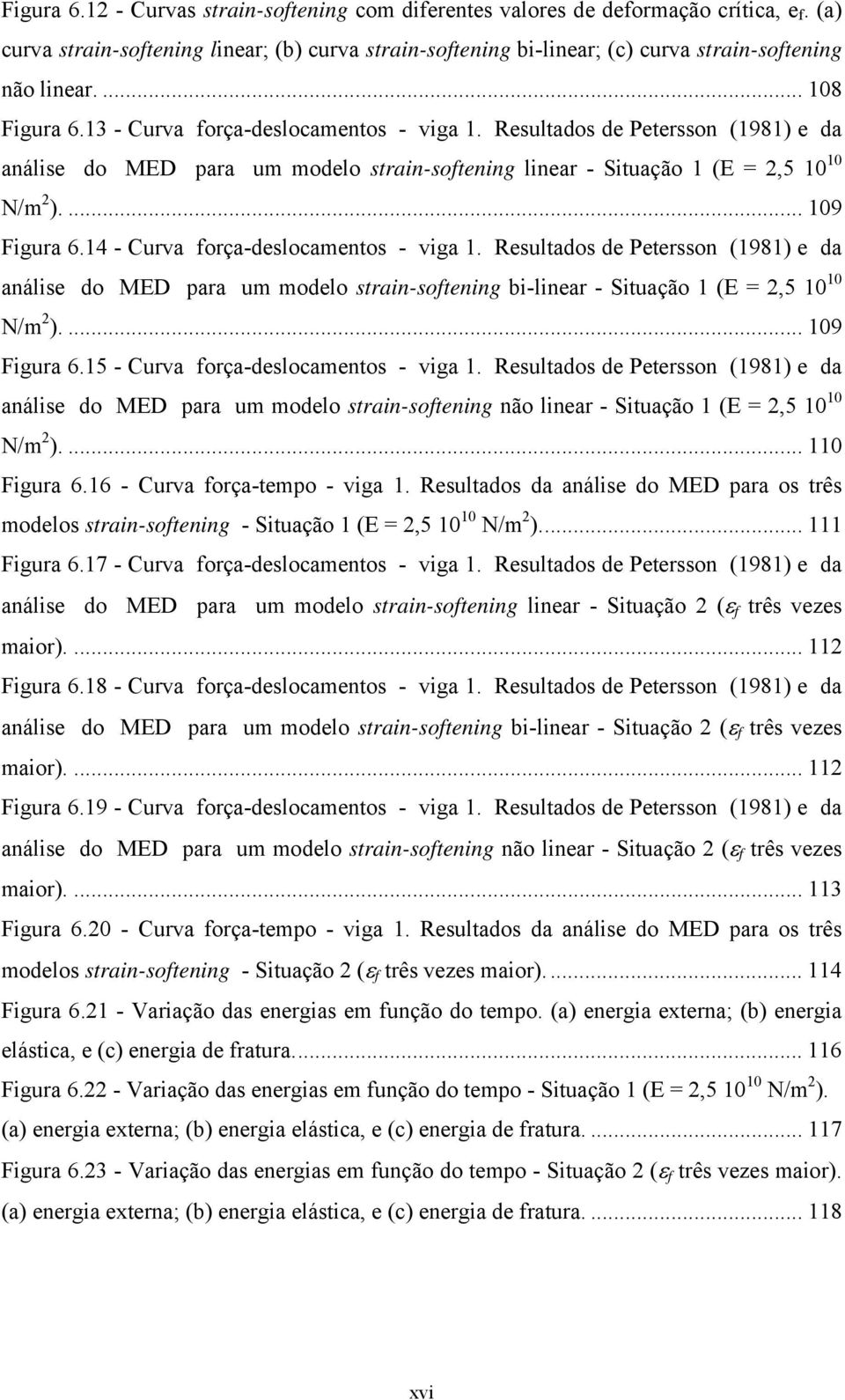 4 - Curva orça-deslocamentos - viga. Resultados de Petersson (98) e da análise do MED para um modelo strain-sotening bi-linear - Situação (E =,5 N/m ).... 9 Figura 6.