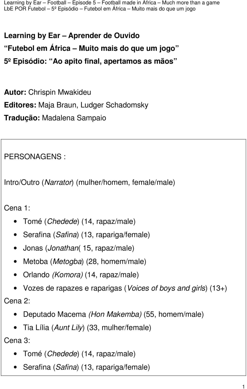 rapariga/female) Jonas (Jonathan( 15, rapaz/male) Metoba (Metogba) (28, homem/male) Orlando (Komora) (14, rapaz/male) Vozes de rapazes e raparigas (Voices of boys and girls)