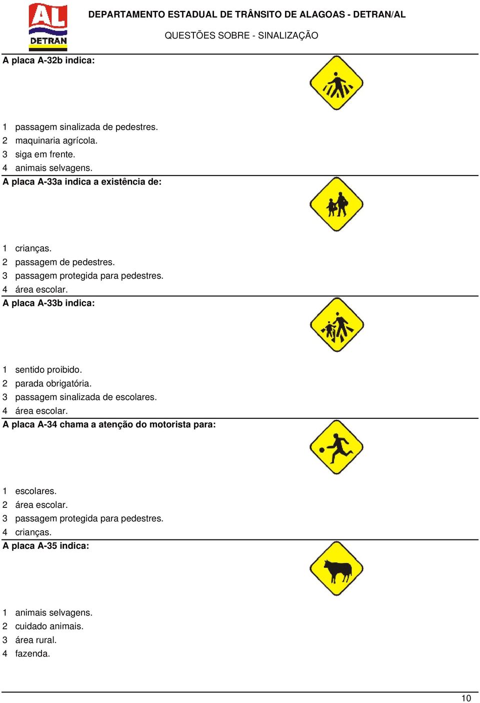 A placa A-33b indica: 1 sentido proibido. 2 parada obrigatória. 3 passagem sinalizada de escolares. 4 área escolar.