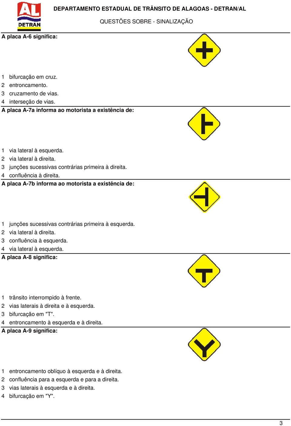 A placa A-7b informa ao motorista a existência de: 1 junções sucessivas contrárias primeira à esquerda. 2 via lateral à direita. 3 confluência à esquerda. 4 via lateral à esquerda.