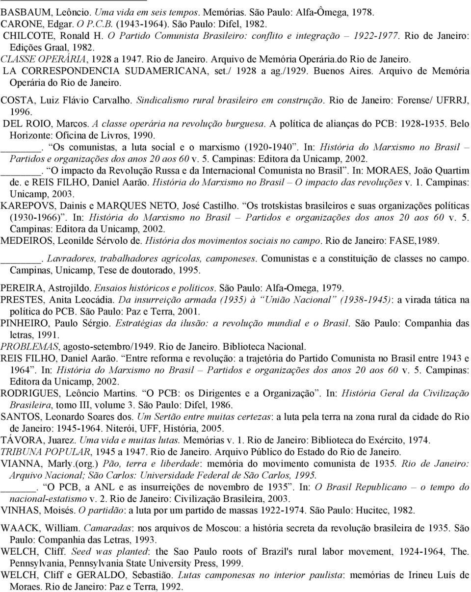 LA CORRESPONDENCIA SUDAMERICANA, set./ 1928 a ag./1929. Buenos Aires. Arquivo de Memória Operária do Rio de Janeiro. COSTA, Luiz Flávio Carvalho. Sindicalismo rural brasileiro em construção.