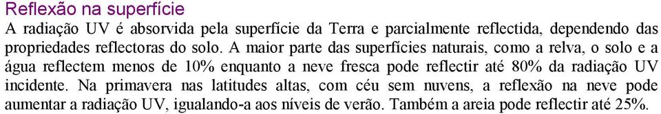 A maior parte das superfícies naturais, como a relva, o solo e a água reflectem menos de 10% enquanto a neve fresca pode