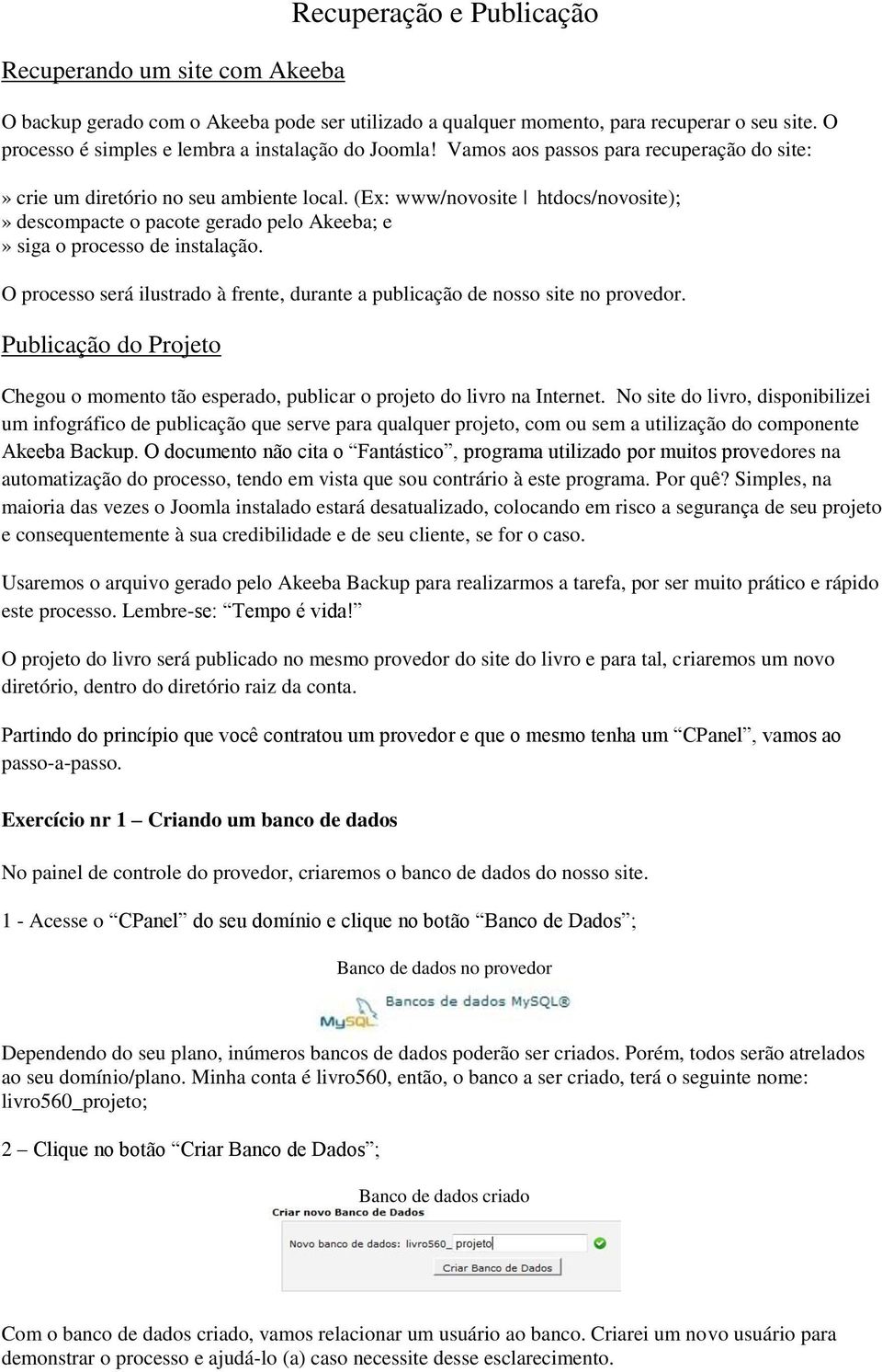 (Ex: www/novosite htdocs/novosite);» descompacte o pacote gerado pelo Akeeba; e» siga o processo de instalação. O processo será ilustrado à frente, durante a publicação de nosso site no provedor.