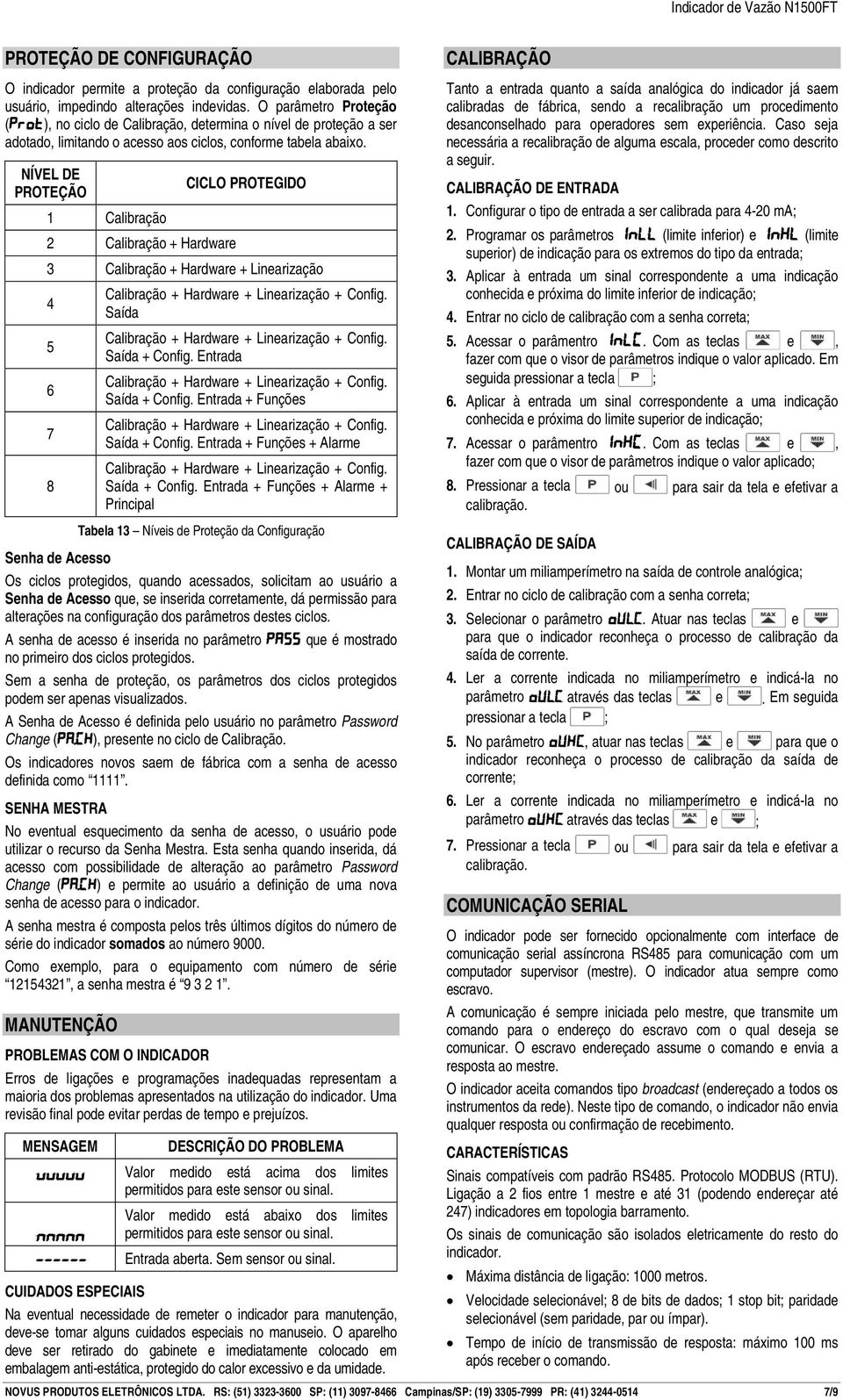 NÍVEL DE CICLO PROTEGIDO PROTEÇÃO 1 Calibração 2 Calibração + Hardware 3 Calibração + Hardware + Linearização 4 Saída 5 Saída + Config. Entrada 6 Saída + Config. Entrada + Funções 7 Saída + Config.