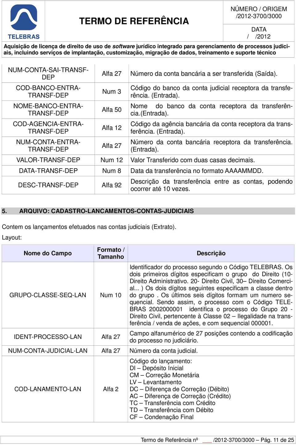 Código do banco da conta judicial receptora da transferência. Código da agência bancária da conta receptora da transferência. Número da conta bancária receptora da transferência.