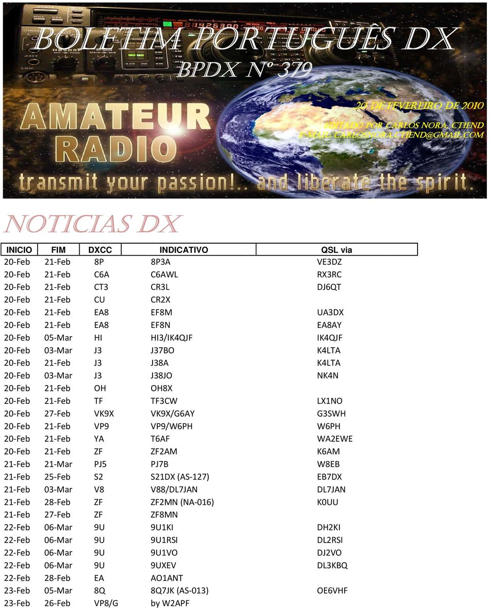 21-Feb EA8 EF8N EA8AY 20-Feb 05-Mar HI HI3/IK4QJF IK4QJF 20-Feb 03-Mar J3 J37BO K4LTA 20-Feb 21-Feb J3 J38A K4LTA 20-Feb 03-Mar J3 J38JO NK4N 20-Feb 21-Feb OH OH8X 20-Feb 21-Feb TF TF3CW LX1NO 20-Feb