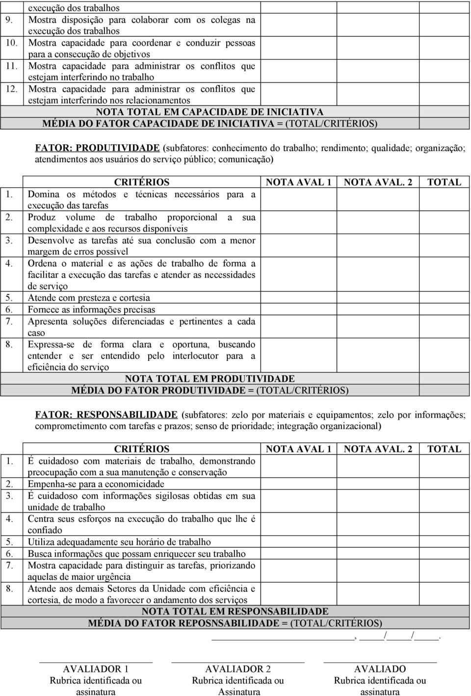 Mostra capacidade para administrar os conflitos que estejam interferindo nos relacionamentos NOTA TOTAL EM CAPACIDADE DE INICIATIVA MÉDIA DO FATOR CAPACIDADE DE INICIATIVA = (TOTAL/CRITÉRIOS) FATOR: