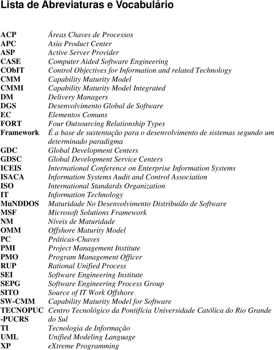 Capability Maturity Model Integrated Delivery Managers Desenvolvimento Global de Software Elementos Comuns Four Outsourcing Relationship Types É a base de sustentação para o desenvolvimento de