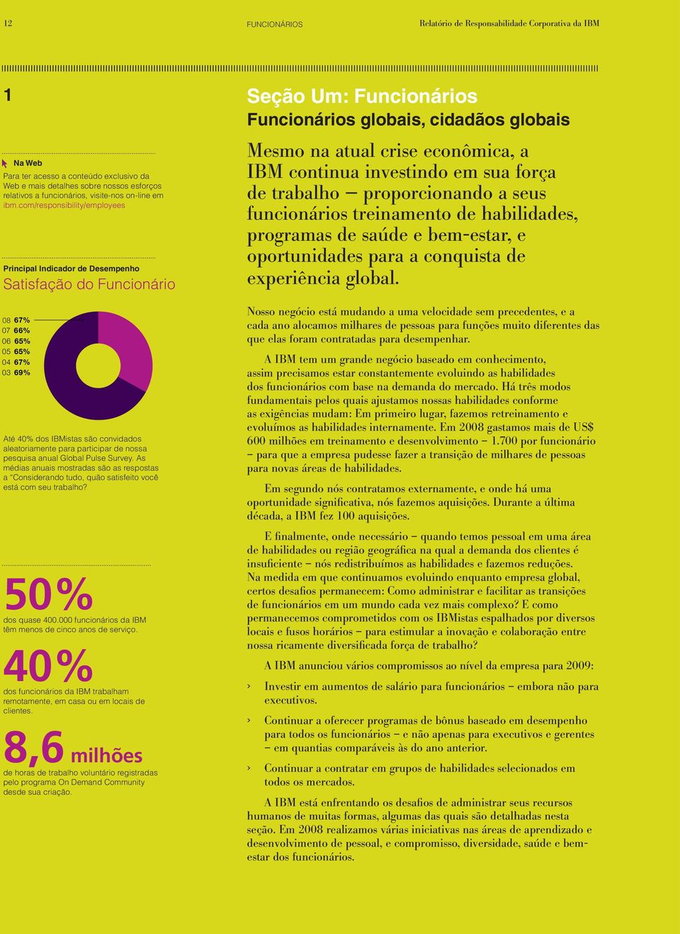 com/responsibility/employees Principal Indicador de Desempenho Satisfação do Funcionário 08 67% 07 66% 06 65% 05 65% 04 67% 03 69% Até 40% dos IBMistas são convidados aleatoriamente para participar