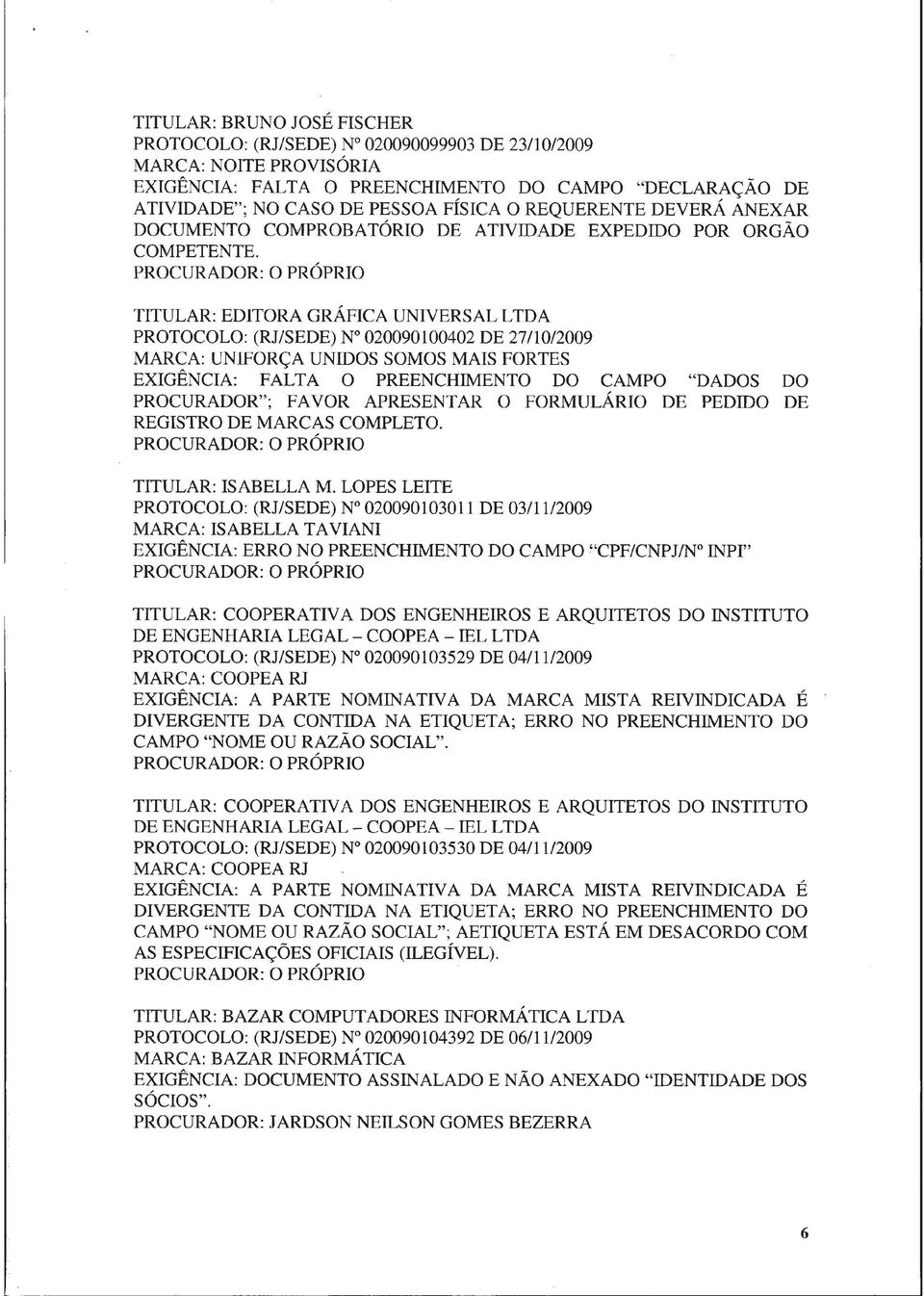 TITULAR: EDITORA GRÁFICA UNIVERSAL LTDA PROTOCOLO: (RJ/SEDE) N 020090100402 DE 2711012009 MARCA: UNIFORÇA UNIDOS SOMOS MAIS FORTES EXIGÊNCIA: FALTA O PREENCHIMENTO DO CAMPO "DADOS DO PROCURADOR";