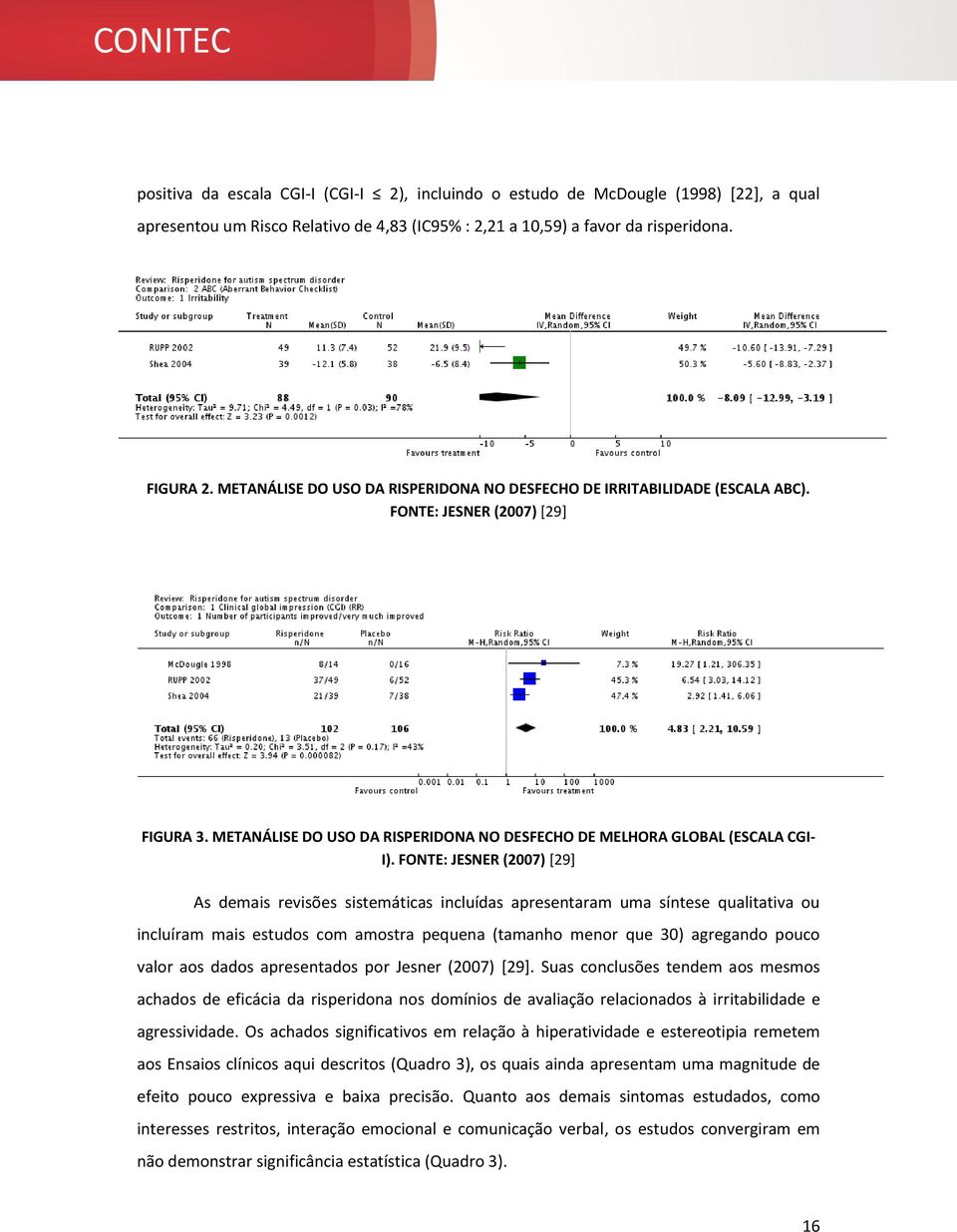 FONTE: JESNER (2007) [29] As demais revisões sistemáticas incluídas apresentaram uma síntese qualitativa ou incluíram mais estudos com amostra pequena (tamanho menor que 30) agregando pouco valor aos