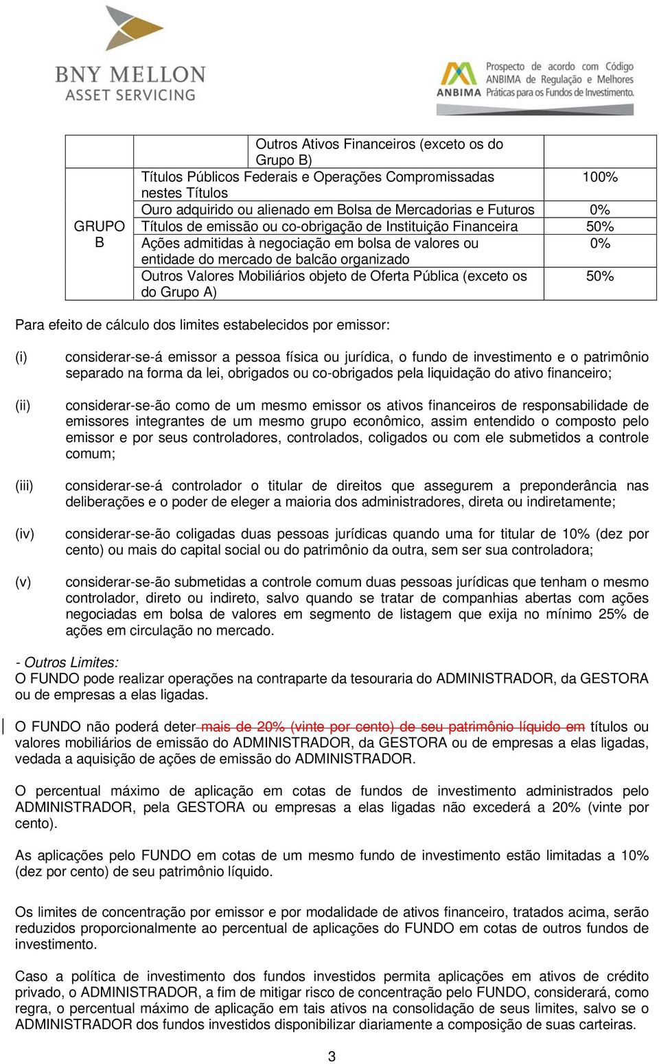 Oferta Pública (exceto os 50% do Grupo A) Para efeito de cálculo dos limites estabelecidos por emissor: (i) (ii) (iii) (iv) (v) considerar-se-á emissor a pessoa física ou jurídica, o fundo de