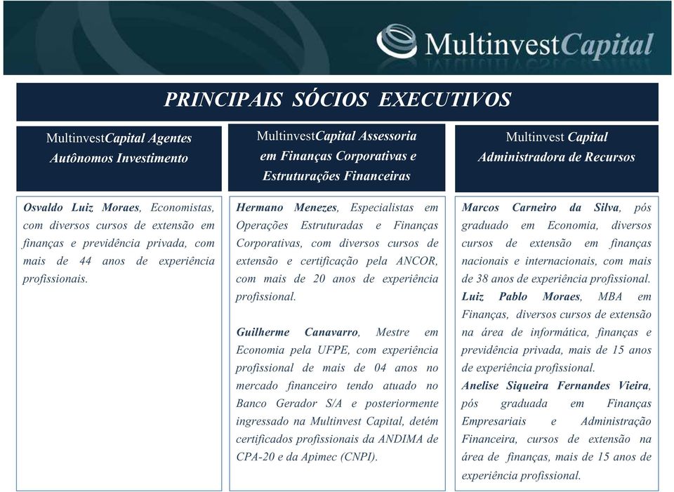 MultinvestCapital Assessoria emfinançascorporativase Estruturações Financeiras Hermano Menezes, Especialistas em Operações Estruturadas e Finanças Corporativas, com diversos cursos de extensão e