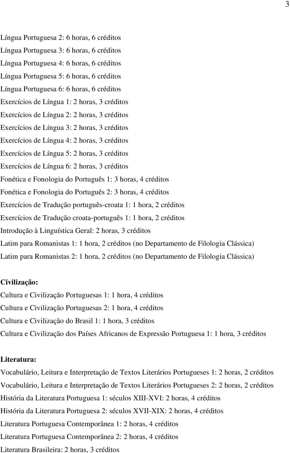 Língua 5: 2 horas, 3 créditos Exercícios de Língua 6: 2 horas, 3 créditos Fonética e Fonologia do Português 1: 3 horas, 4 créditos Fonética e Fonologia do Português 2: 3 horas, 4 créditos Exercícios