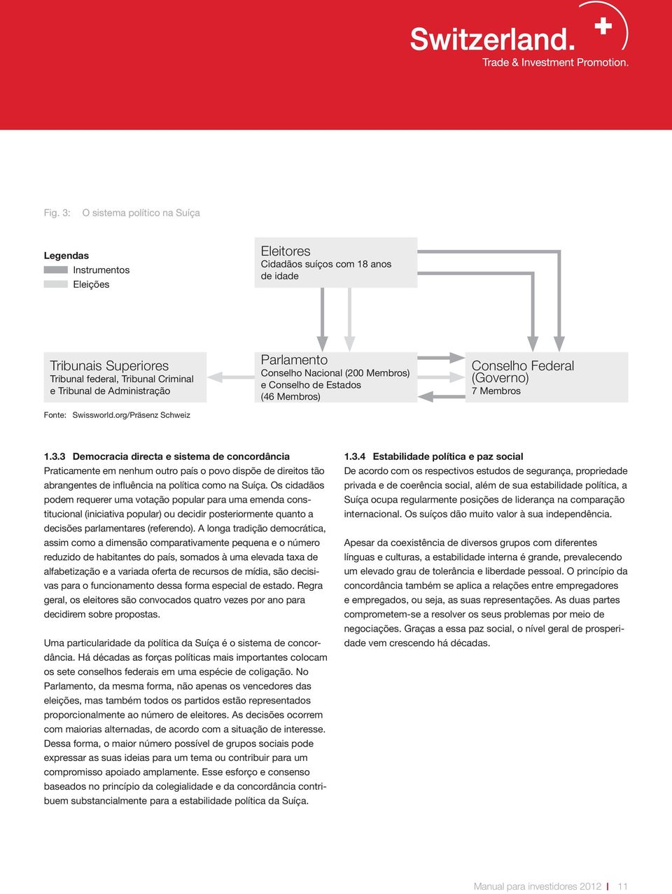 3 Democracia directa e sistema de concordância Praticamente em nenhum outro país o povo dispõe de direitos tão abrangentes de influência na política como na Suíça.