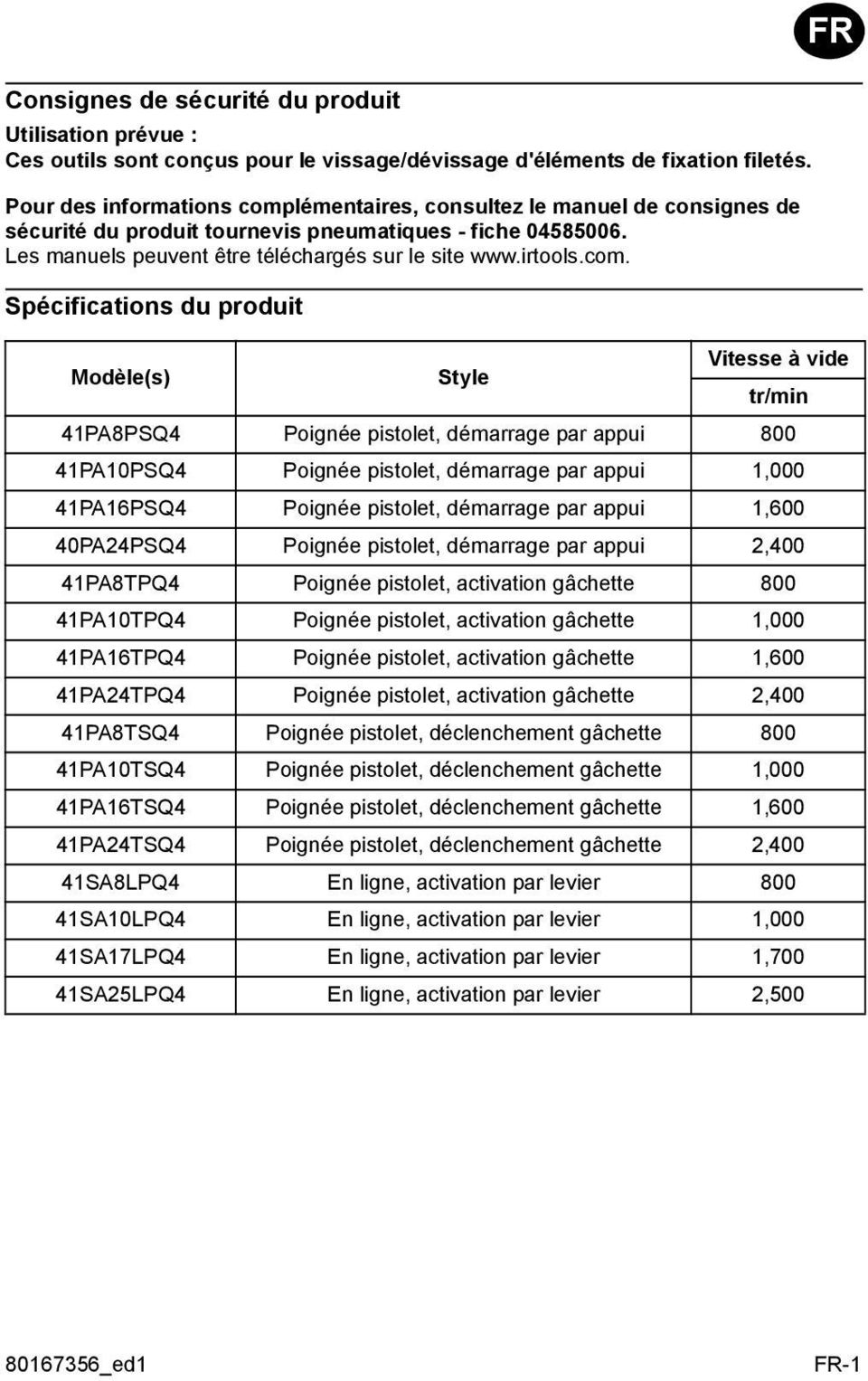 com. Spécifications du produit FR Vitesse à vide Modèle(s) Style tr/min 41PA8PSQ4 Poignée pistolet, démarrage par appui 800 41PA10PSQ4 Poignée pistolet, démarrage par appui 1,000 41PA16PSQ4 Poignée