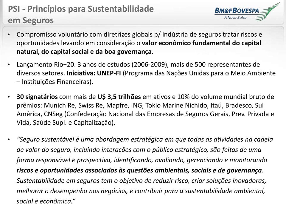 Iniciativa: UNEP-FI (Programa das Nações Unidas para o Meio Ambiente Instituições Financeiras).