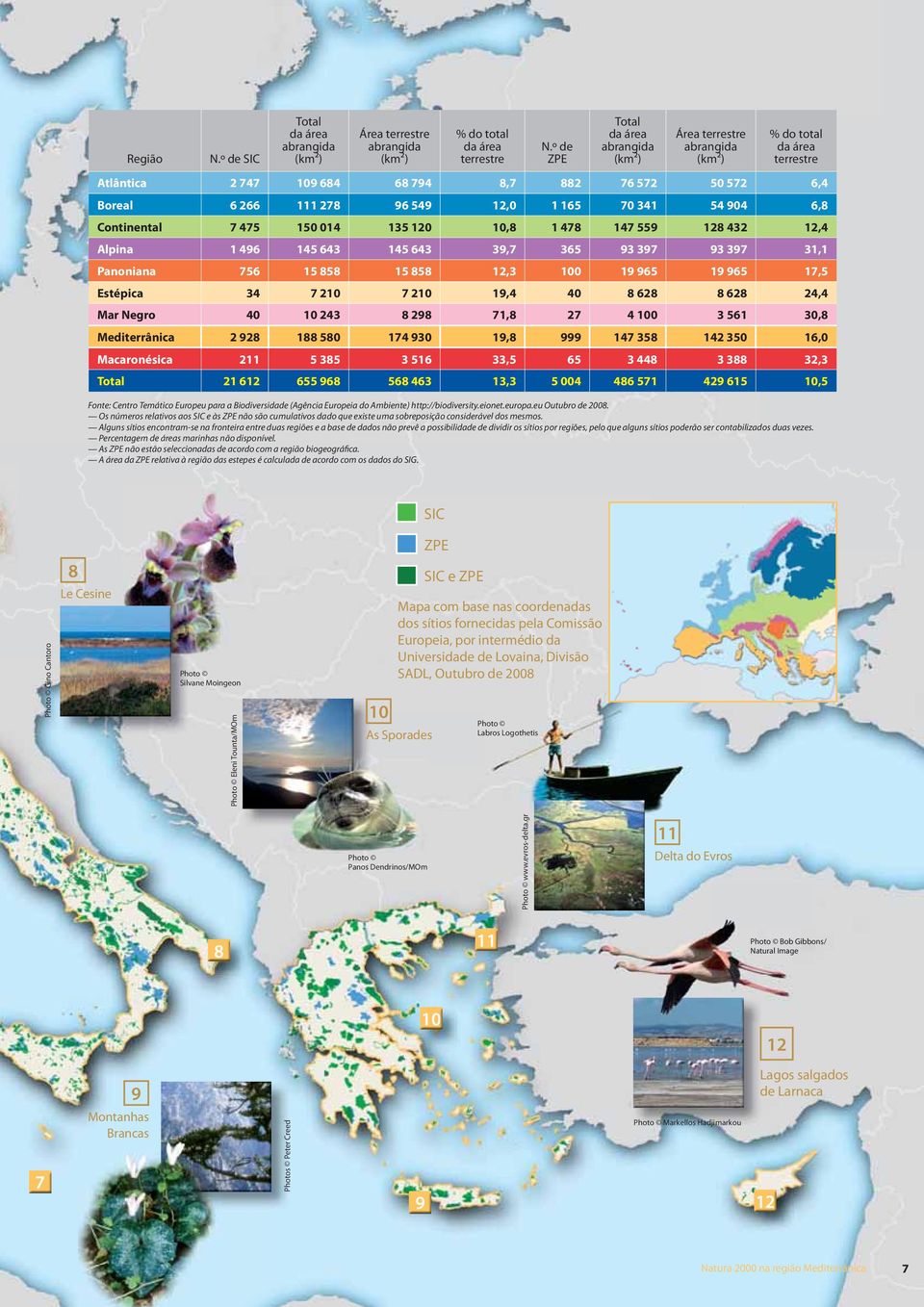 http://biodiversity.eionet.europa.eu Outubro de 2008. Os números relativos aos SIC e às ZPE não são cumulativos dado que existe uma sobreposição considerável dos mesmos.