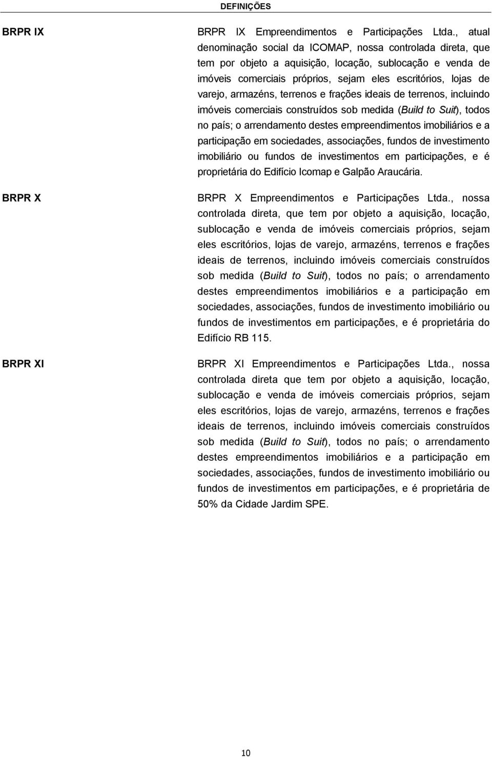 armazéns, terrenos e frações ideais de terrenos, incluindo imóveis comerciais construídos sob medida (Build to Suit), todos no país; o arrendamento destes empreendimentos imobiliários e a