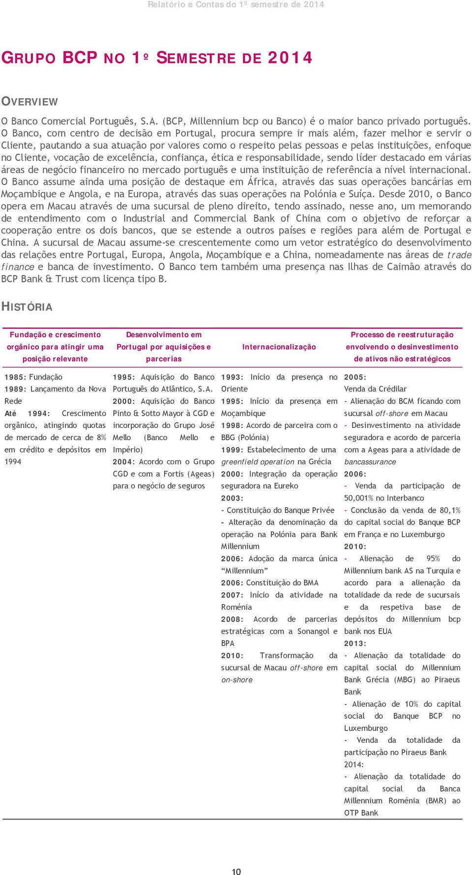 enfoque no Cliente, vocação de excelência, confiança, ética e responsabilidade, sendo líder destacado em várias áreas de negócio financeiro no mercado português e uma instituição de referência a