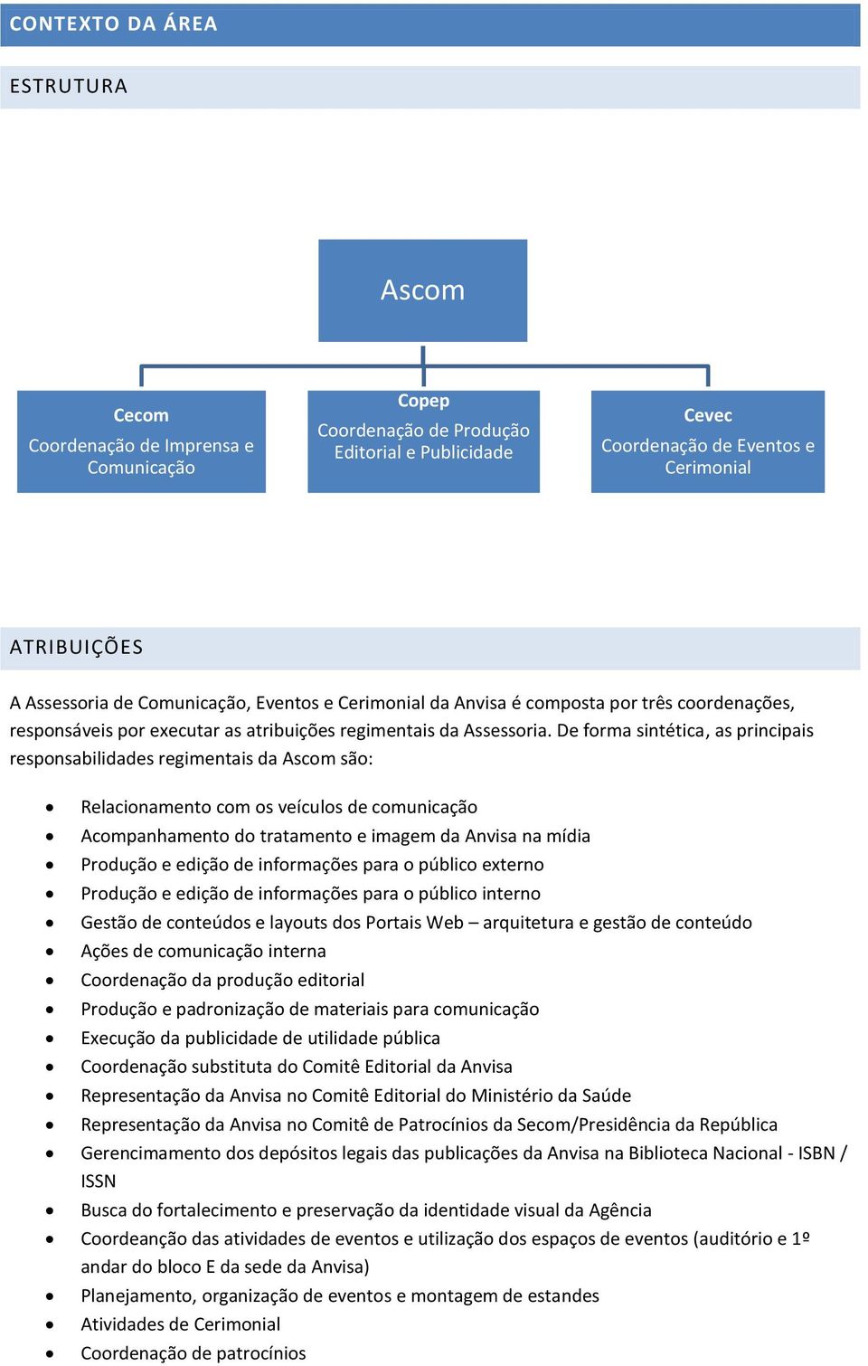 De forma sintética, as principais responsabilidades regimentais da Ascom são: Relacionamento com os veículos de comunicação Acompanhamento do tratamento e imagem da Anvisa na mídia Produção e edição