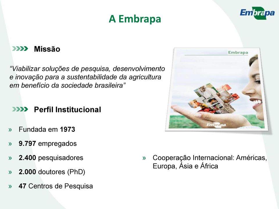 Institucional» Fundada em 1973» 9.797 empregados» 2.400 pesquisadores» 2.