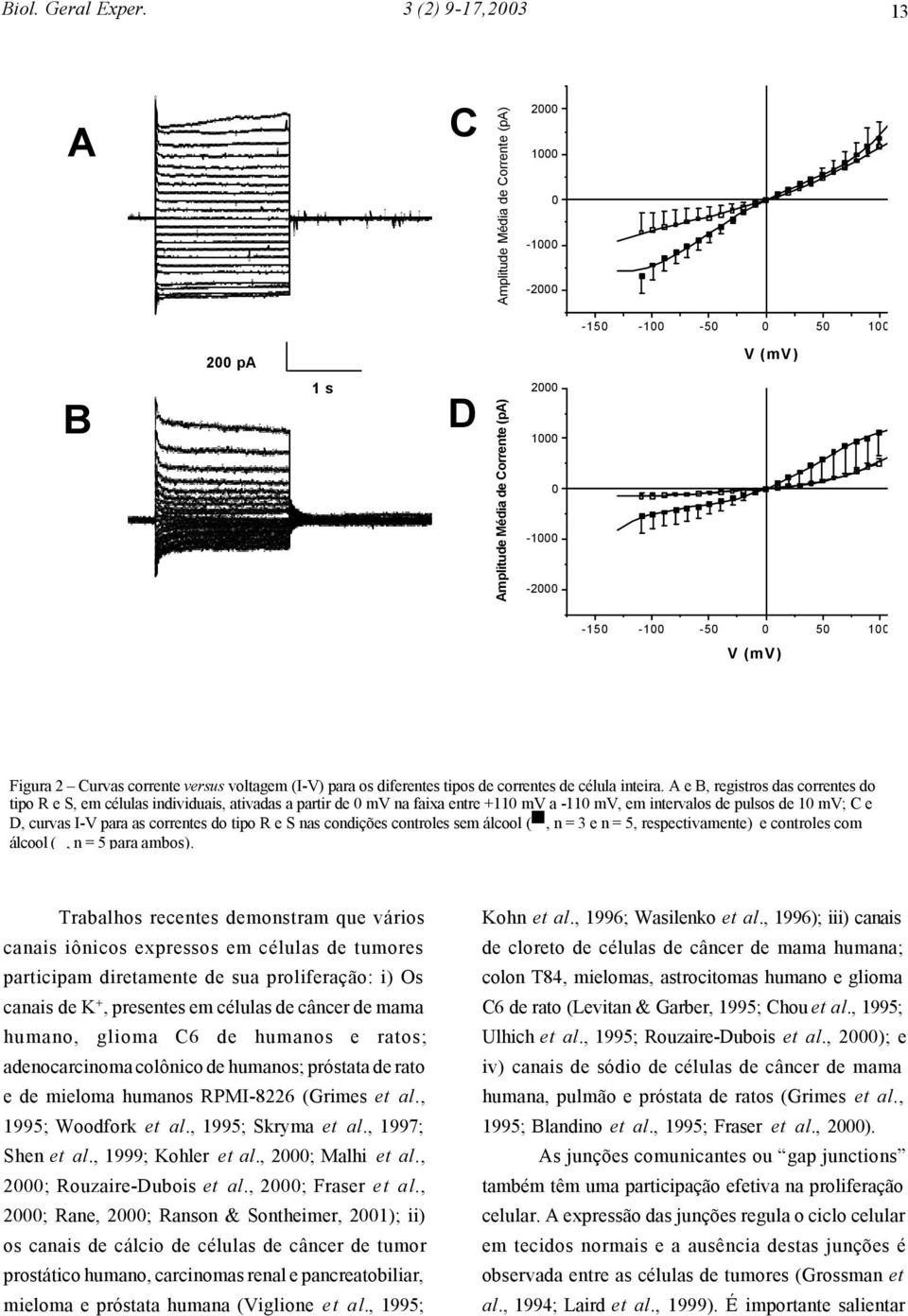 (I-V) para os diferentes tipos de correntes de célula inteira.