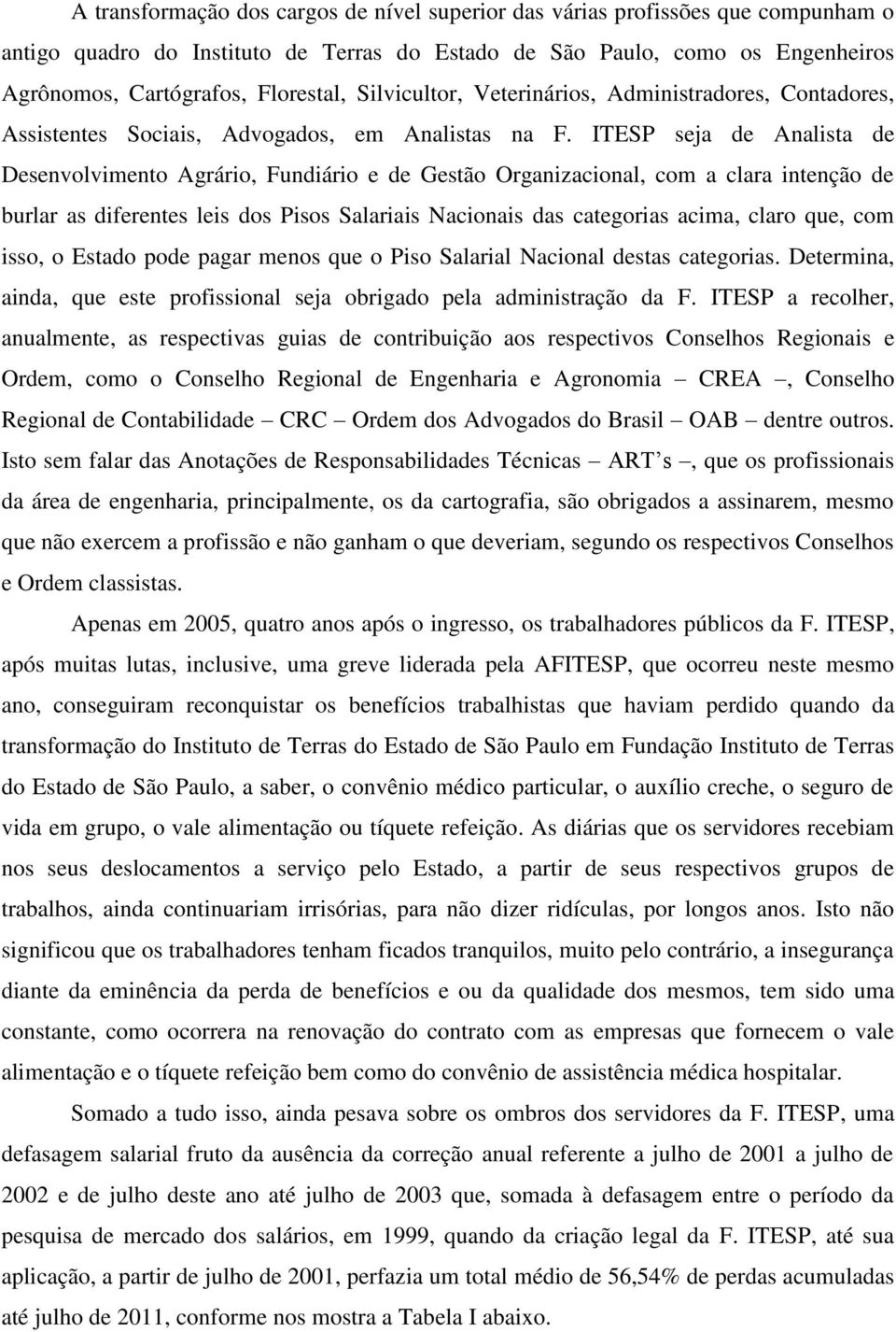 ITESP seja de Analista de Desenvolvimento Agrário, Fundiário e de Gestão Organizacional, com a clara intenção de burlar as diferentes leis dos Pisos Salariais Nacionais das categorias acima, claro