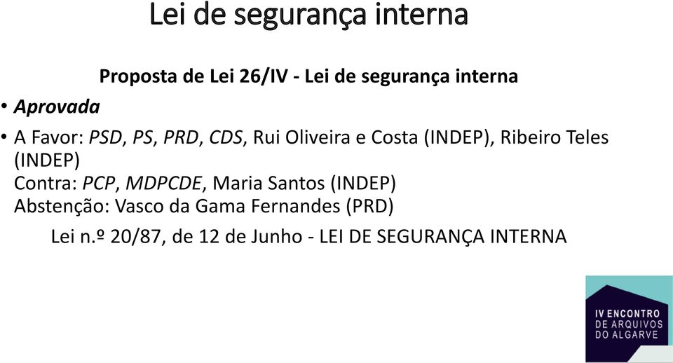 Teles (INDEP) Contra: PCP, MDPCDE, Maria Santos (INDEP) Abstenção: Vasco da