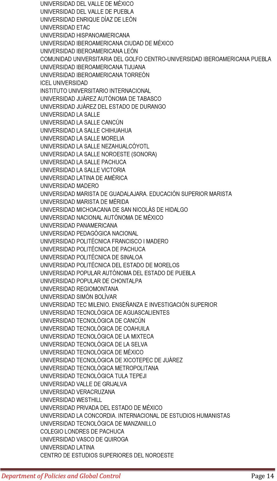 UNIVERSITARIO INTERNACIONAL UNIVERSIDAD JUÁREZ AUTÓNOMA DE TABASCO UNIVERSIDAD JUÁREZ DEL ESTADO DE DURANGO UNIVERSIDAD LA SALLE UNIVERSIDAD LA SALLE CANCÚN UNIVERSIDAD LA SALLE CHIHUAHUA UNIVERSIDAD