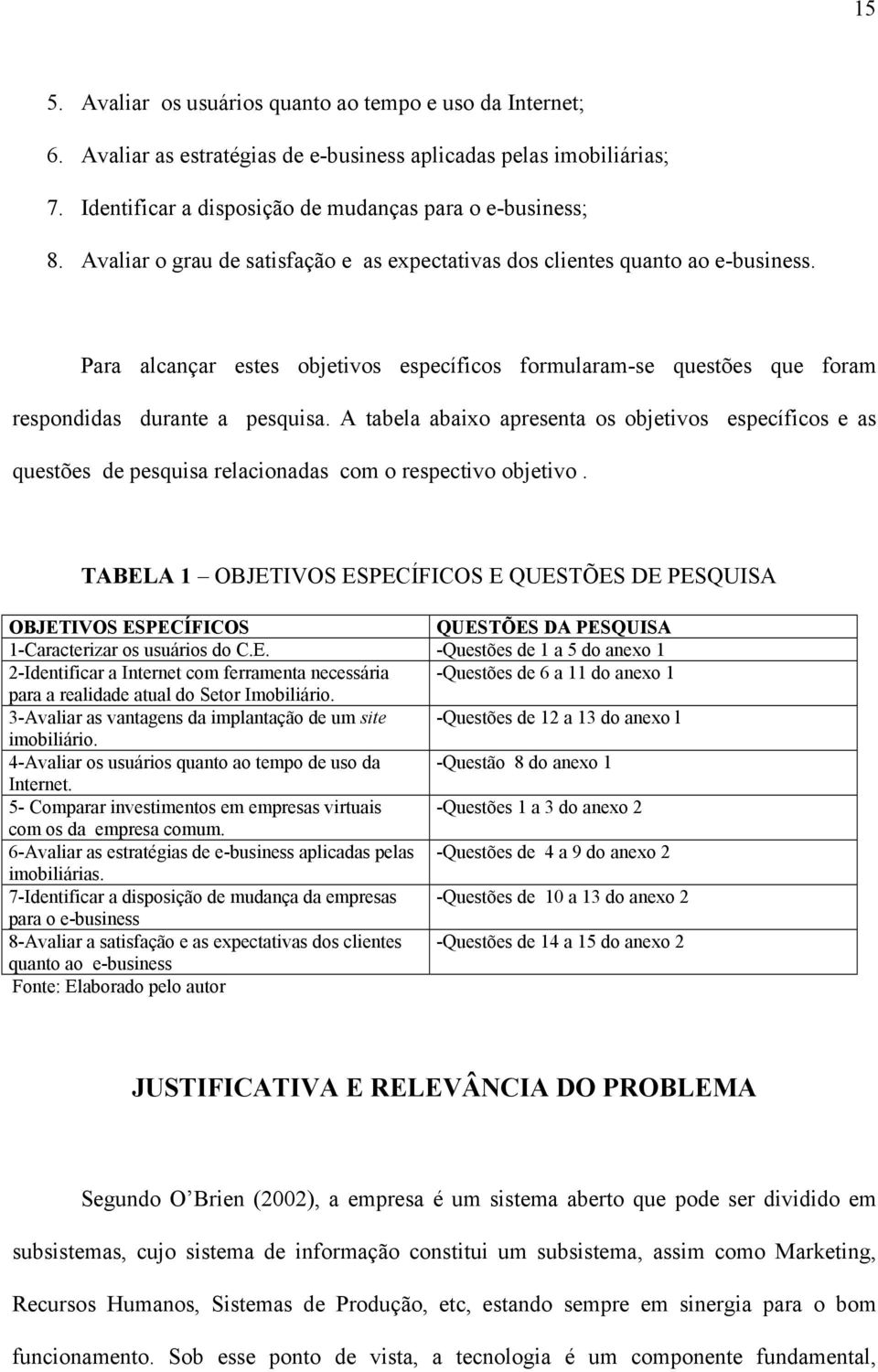 A tabela abaixo apresenta os objetivos específicos e as questões de pesquisa relacionadas com o respectivo objetivo.